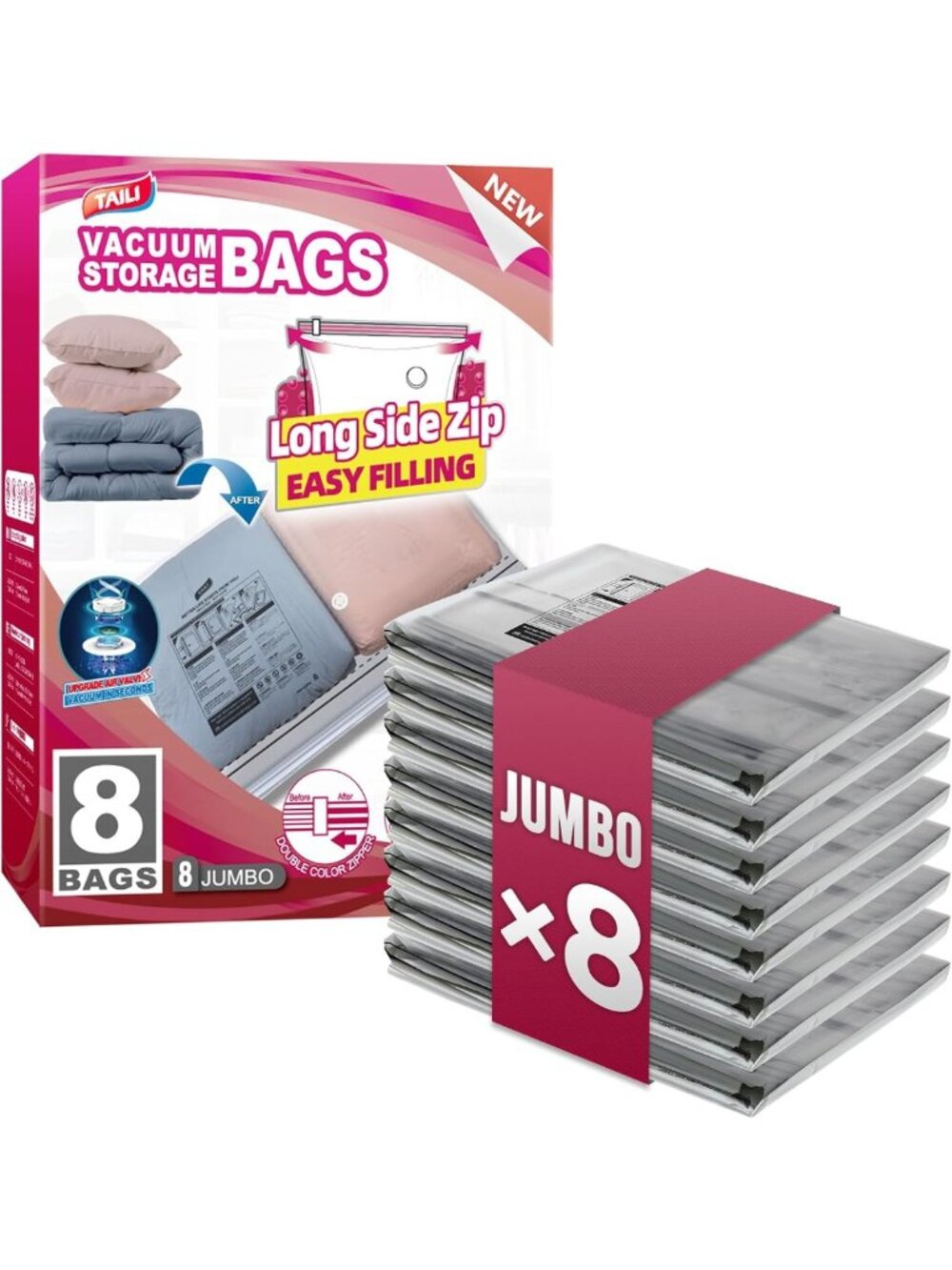 Jumbo Vacuum Storage Bags 8 Pack - Clear Space Saver for Clothing, Bedding